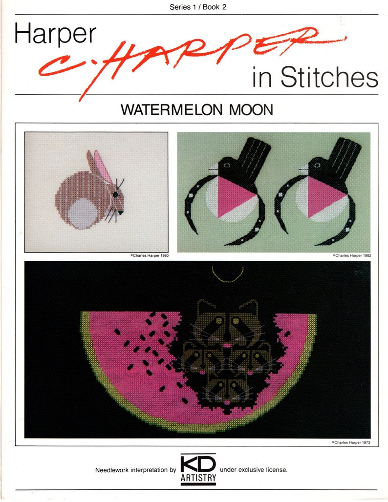 May include: A cross-stitch pattern book featuring a watermelon with a crescent moon and five black cats inside. The book cover also includes three other cross-stitch patterns: a rabbit, two birds, and a watermelon with a crescent moon and five black cats inside. The book title is "Harper c.HARPER in Stitches WATERMELON MOON".