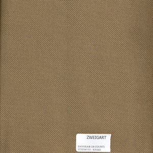 May include: A close-up of a beige Aida fabric with a white label that reads "ZWEIGART DAVOSA® (18 COUNT) 3770/347/55 - KHAKI"