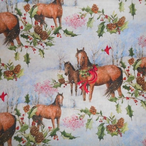 Christmas Horses fabric, cotton fabric by the yard, farm barn pretty snow,  country holiday decor festive, red cardinal