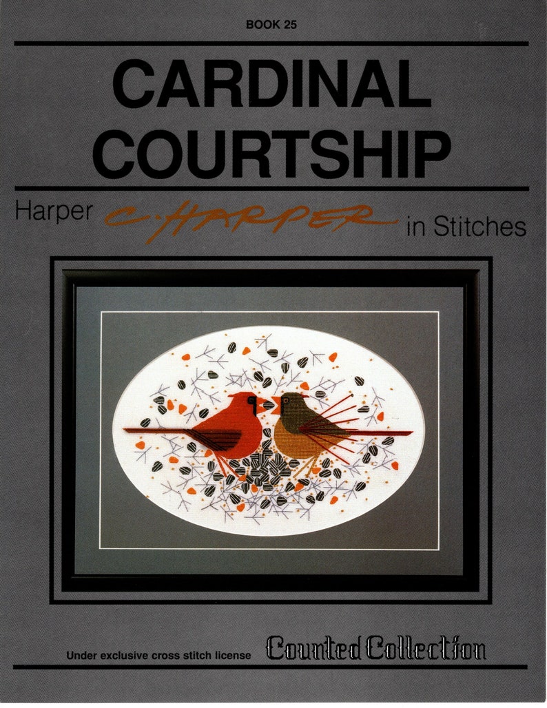 May include: A counted cross stitch pattern featuring two red cardinals perched on a branch with a background of scattered seeds. The pattern is titled "Cardinal Courtship" and is part of the "Harper in Stitches" counted collection.