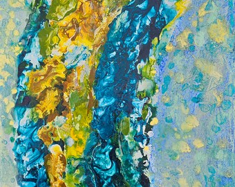 ÜBER DEM REGENBOGEN – Abstraktes Kunstgemälde, Originalkunst, moderne zeitgenössische blaue Heimdekoration, Leinwand – Kami Kinnison