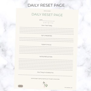 May include: A Daily Reset Page journal sheet with the title "Daily Reset Page" in green. The page includes sections for date, mood, priorities, focus, notes, and gratitude. The background is a marble pattern.