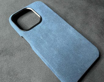 Blue iPhone Case Made with Alcantara Material | MagSafe Cover for iPhone 16 15 14 13 12 Pro Max | Personalized Suede Phone Gift