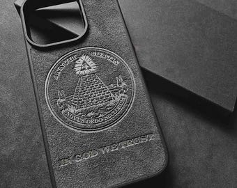 Custom Logo iPhone 17 16 15 14 Case made with Alcantara Material, Eye of Providence, In God We Trust, Novus Ordo Seclorum, ANNUIT COEPTIS