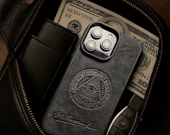 Custom Logo iPhone 17 16 15 Case made with Alcantara Material | Personalized MagSafe Case | Luxury Handmade Cover Millionare All-seeing eye
