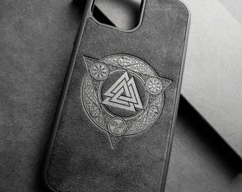 Valknut iPhone Case Made with Genuine Alcantara Material, Personalized MagSafe Phone Case, Nordic Symbol Luxury Suede Cover