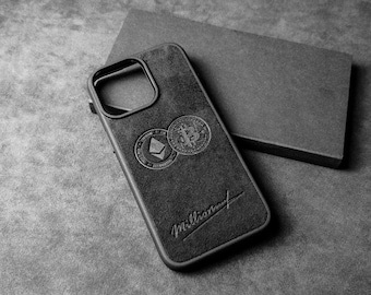 Crypto Style iPhone Case made with Alcantara Material | Custom Logo Phone Case iPhone 17 16 15 14 13 12 Pro Max | Personalized MagSafe Cover