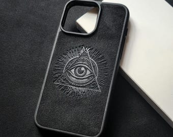 Eye of Providence iPhone Case Made with Genuine Alcantara Material, Personalized MagSafe All Seeing Eye Phone Cover, Luxury Suede Case