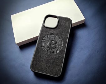 Bitcoin iPhone Case Made with Genuine Alcantara Material, Personalized MagSafe Custom Logo Phone Cover, Luxury BTC Suede Case