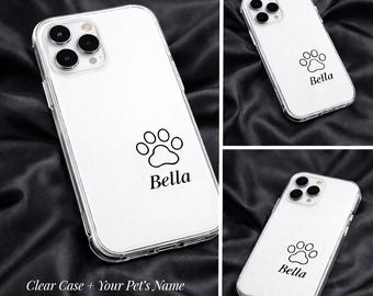 Custom Pet Paw Clear Phone Case with Name, Personalized Dog Cat Paw Print, Transparent Silicone iPhone Case, Pet Lover Gift