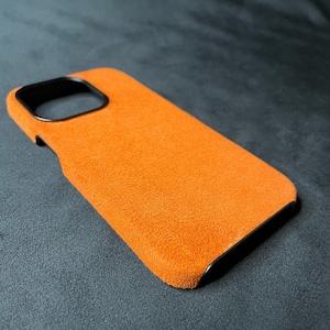 Premium Italy Alcantara Orange iPhone 15 Pro case, Leather Phone Case 13 14 12 16 Pro Max, Italian suede, custom fabric gifts for girlfriend