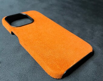 Orange iPhone Case Made with Alcantara Material | MagSafe Cover for iPhone 16 15 14 13 12 Pro Max | Personalized Suede Phone Gift