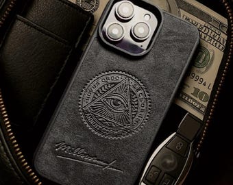 Custom Alcantara iPhone Case 17 16 15 14 Pro Max | Personalized Leather Phone Case MagSafe | Luxury Handmade Cover Millionare All-seeing eye