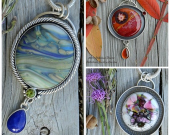Examples of my Designer Glass Cabochons set in Jewelry. The pictured jewelry is not for sale in this listing!
