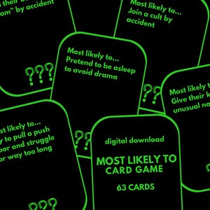 Gioco di carte da bere digitale più probabile, gioco di gruppo per feste di addio al nubilato, gioco di gruppo per matricole, stampabile, download immediato