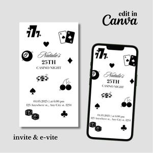 Plantilla de invitación editable para una noche de casino, fiesta de póker, casino, cumpleaños, noche de juegos, descarga digital, naipes, póker, invitación de casino