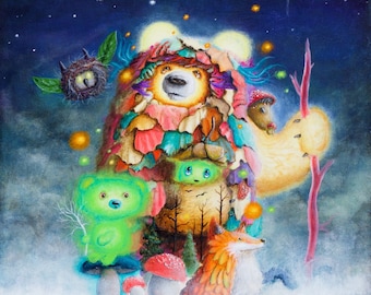 Zorro de impresión - impresiones - caprichoso - osos - seta - bosque - hojas - de oso azul