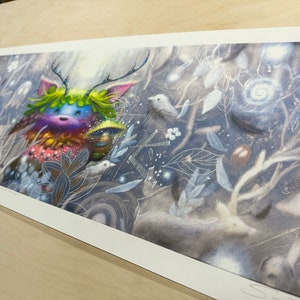 May include: A colorful, whimsical illustration of a creature with antlers and a green mane, surrounded by a forest scene with white flowers, leaves, and mushrooms.