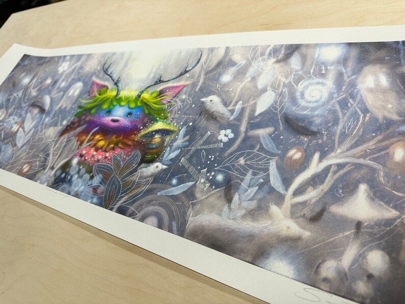 May include: A colorful, whimsical illustration of a creature with antlers and a green mane, surrounded by a forest scene with white flowers, leaves, and mushrooms.