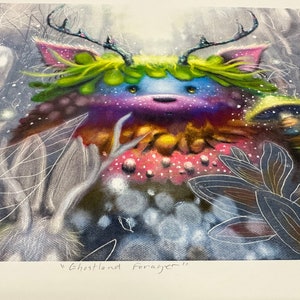 May include: A colorful, whimsical creature with antlers and a mushroom in its hand, surrounded by a snowy, ethereal forest. The creature has a blue face, green hair, and a pink and purple body. The text "Ghostland Forager" is written below the creature.