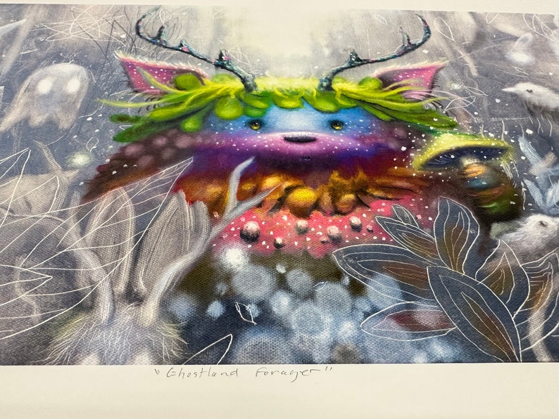 May include: A colorful, whimsical creature with antlers and a mushroom in its hand, surrounded by a snowy, ethereal forest. The creature has a blue face, green hair, and a pink and purple body. The text "Ghostland Forager" is written below the creature.