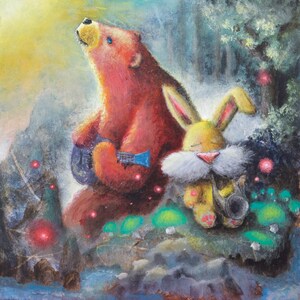 Musical Art Print -   Folk music -  Happy prints -  Nature painting -  pop surrealism -  Whimsical paintings -  Bear -  Rabbit -  Room art