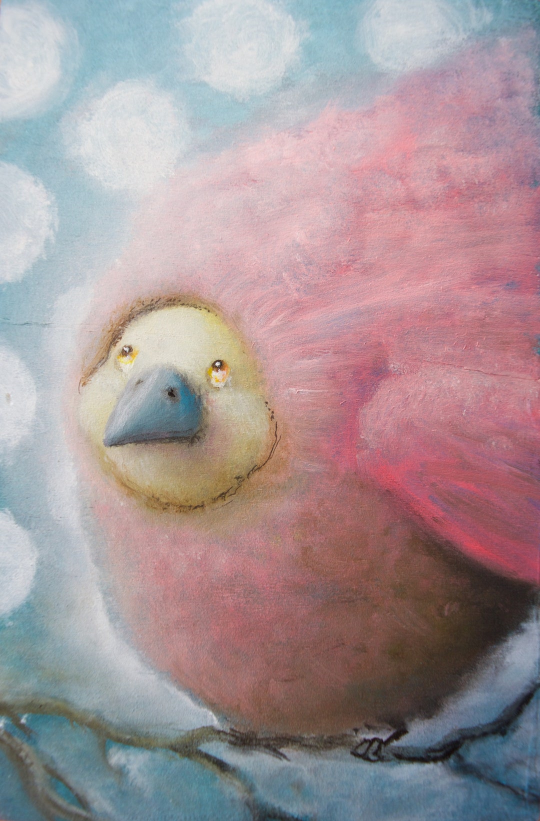 ふわふわの鳥のプリント - かわいいアート - 油絵 - 水玉模様 - ピンク