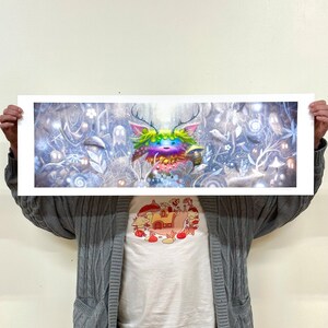 May include: A colorful, whimsical creature with antlers and a rainbow-colored body stands in a snowy forest. The creature is surrounded by white trees and a light blue sky. The image is a digital illustration.