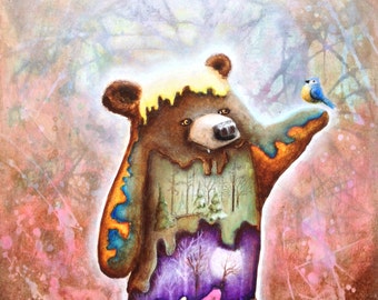 Surreal Art Print -  Bear Art -  Nature -  Tree Art -  Bears -  Bird Art