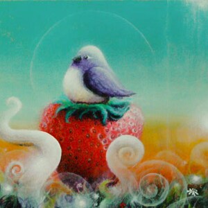 Print - Erdbeer - süße Vogel Print - Vogelkunst - surreale Kunst - Erdbeere Print - Whimsical Vogelkunst