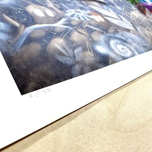 May include: A black and white print of a colorful abstract painting with a textured background. The print is numbered 2/50.