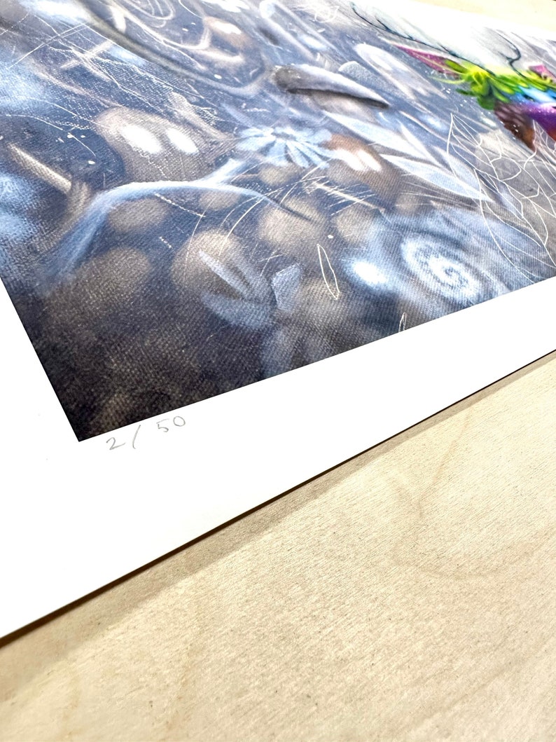 May include: A black and white print of a colorful abstract painting with a textured background. The print is numbered 2/50.