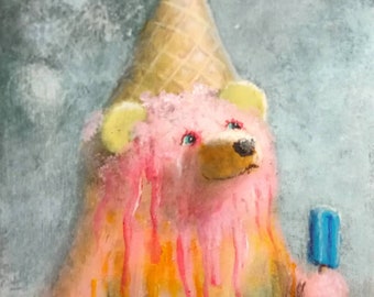 Ice cream print - popsicle - Bear prints - food art - waffle cone -  sherbert - kitchen deco - children&#39;s room - bears - pink - summer