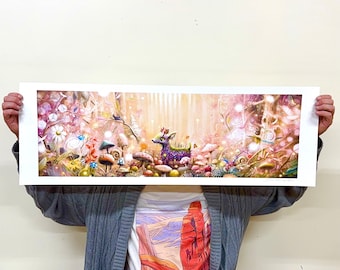 Sanctuary Print - Panoramic art print - Pop Surrealism - Deer - Mushrooms