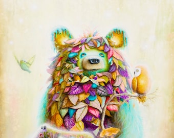 Bear Print - Pop Surrealism - Surreal Art - Hummingbird - Fox - Owl - Nature Artwork - Bears - Birds - Prints - Leaves