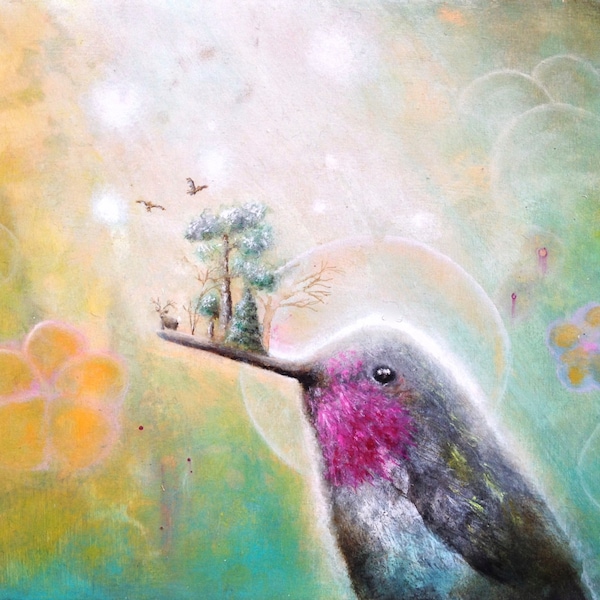 Hummingbird Painting , Print ,   Surreal Art ,  Peaceful Image ,  Wall Decor ,   Animal Imagery ,   Meditative ,  Abstract  Artwork