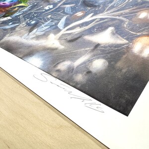 May include: A black and white abstract painting with a whimsical, ethereal feel. The painting features a variety of organic shapes and textures, creating a sense of movement and depth. The artist's signature is visible in the lower right corner.