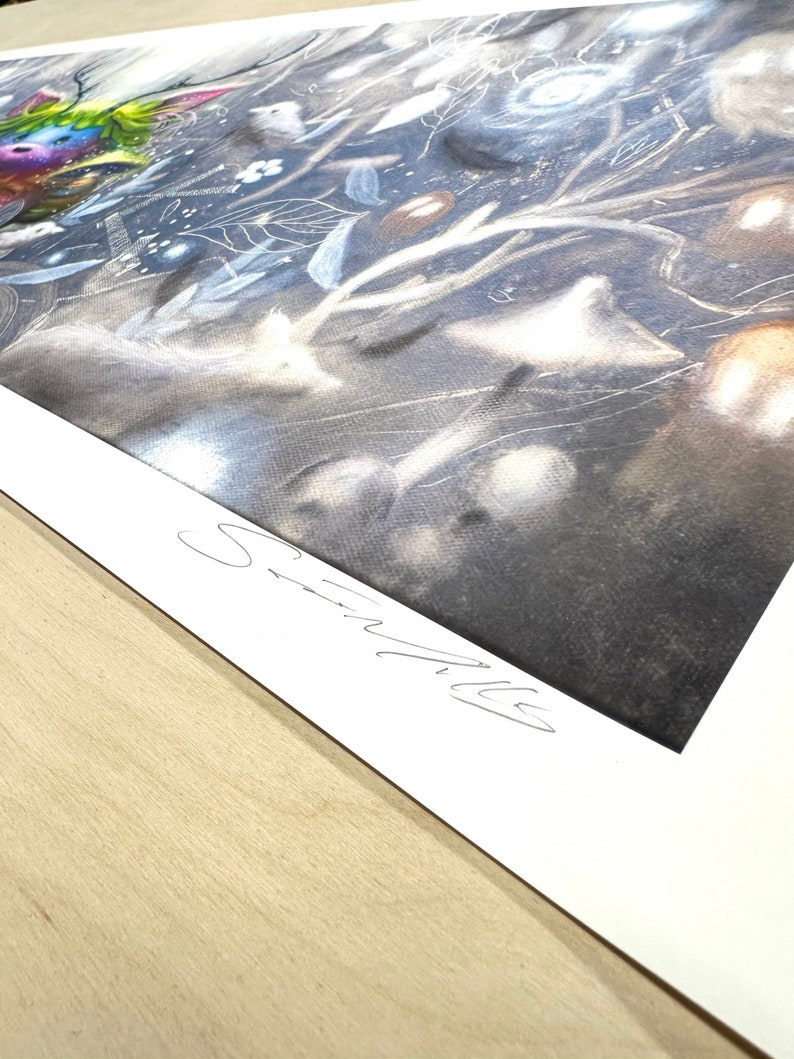 May include: A black and white abstract painting with a whimsical, ethereal feel. The painting features a variety of organic shapes and textures, creating a sense of movement and depth. The artist's signature is visible in the lower right corner.