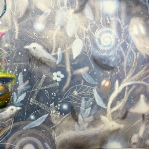 May include: A painting of a forest scene with a variety of colors and textures. The painting features a variety of trees, plants, and animals, including birds, mushrooms, and a deer. The painting is done in a style that is both realistic and whimsical.