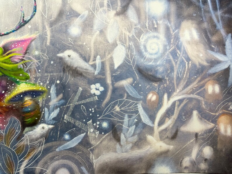 May include: A painting of a forest scene with a variety of colors and textures. The painting features a variety of trees, plants, and animals, including birds, mushrooms, and a deer. The painting is done in a style that is both realistic and whimsical.