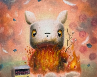 Süße Marshmallow Kreatur - Pop Surrealismus - Lagerfeuer - Kunstdrucke