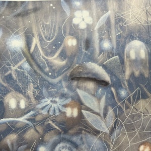 May include: A painting of a forest scene with white and gray ghosts, a mushroom, and a flower. The background is a dark gray with white and gray lines.