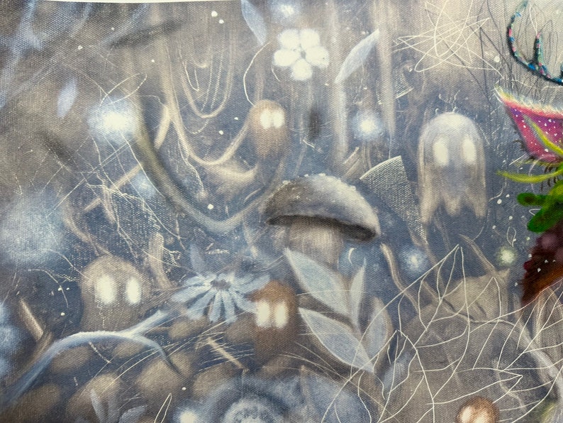 May include: A painting of a forest scene with white and gray ghosts, a mushroom, and a flower. The background is a dark gray with white and gray lines.