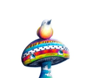 Mushroom Print - Bird Art - Mushroom Art - Childrens Art  5"x7"