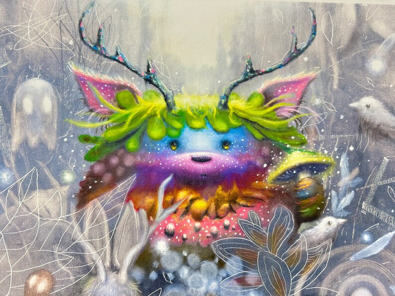 May include: A colorful, whimsical creature with antlers, green hair, and a pink nose. The creature is surrounded by a variety of plants and flowers, including mushrooms and birds. The background is a soft, muted gray.
