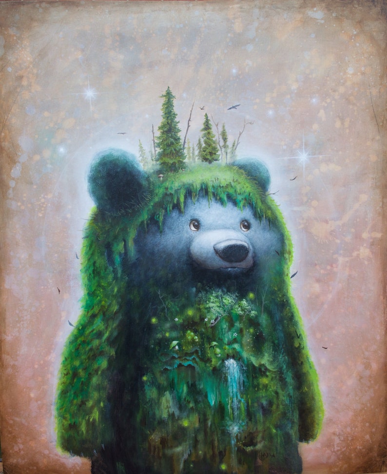 May include: A blue bear with a green mossy coat, a small waterfall, and a miniature forest growing on its head. The bear is standing against a light brown background with a few stars.