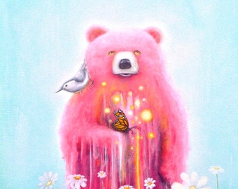 Bear Fine Art Print -  Pink Bear - Prints - Pop Surrealism -  Nature - Bird - Butterfly - Daisies -  Surreal - Psychedelic - Art
