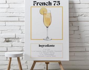 French 75 Cocktail Recipe Art Print: Champagne Drink Poster