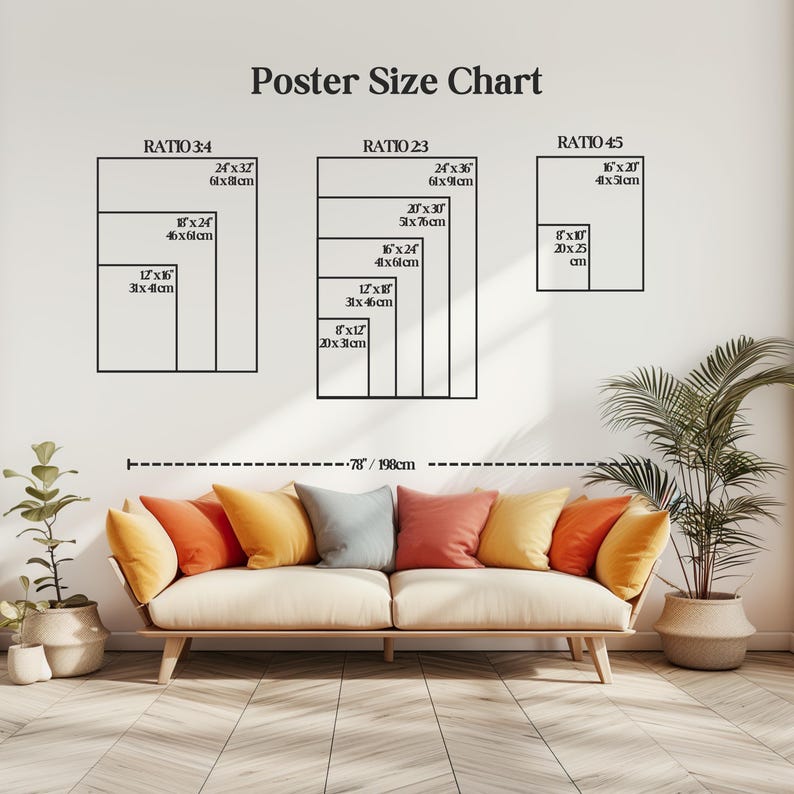 May include: A chart showing different poster sizes in inches and centimeters. The chart is labeled "Poster Size Chart" and shows three different ratios: 3:4, 2:3, and 4:5. The chart is displayed on a white wall with a couch in the foreground.