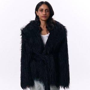 Eco Fur Winter Women Black Coat With Collar